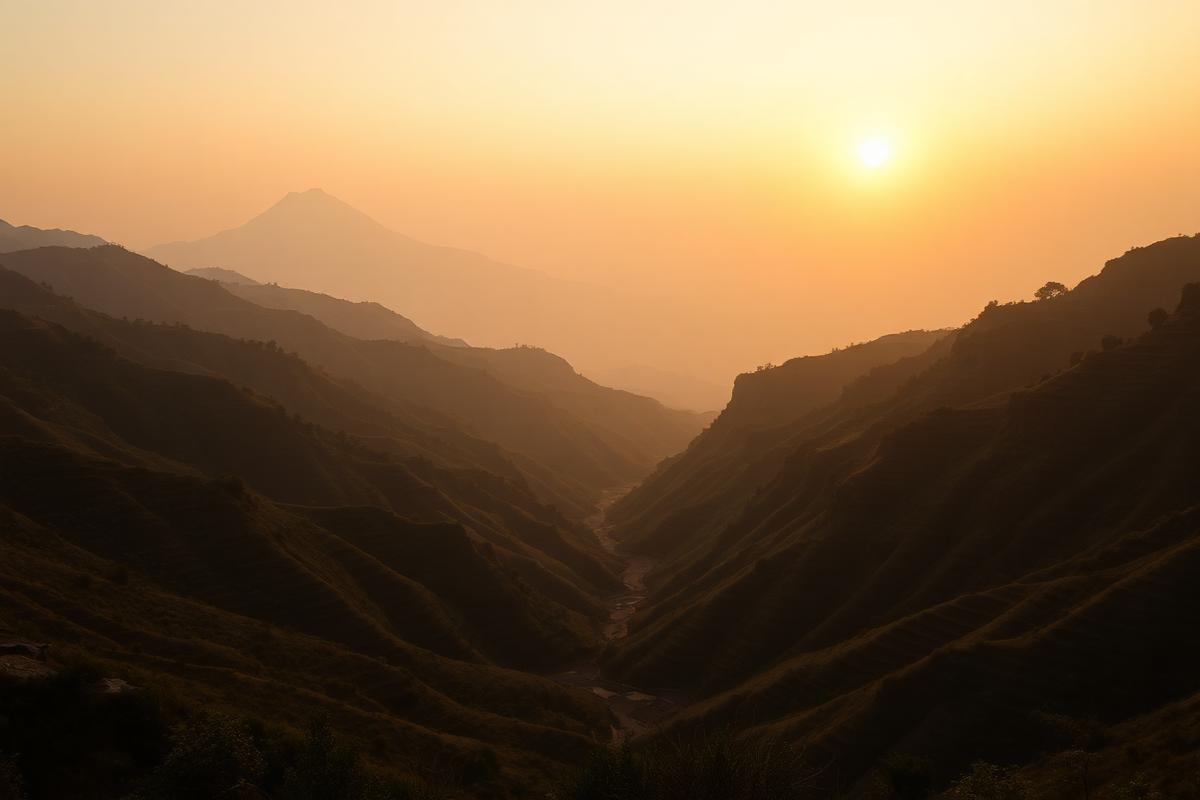 Layered Himalayan foothills at sunset