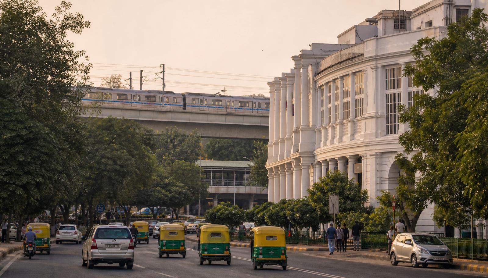 Modern New Delhi at golden hour with metro line and office towers